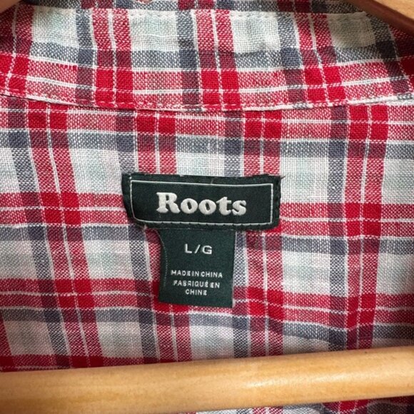 Roots 100% Linen Red, Blue, White Check Half Button Adjtable Sleeve Shirt. L - Picture 4 of 7